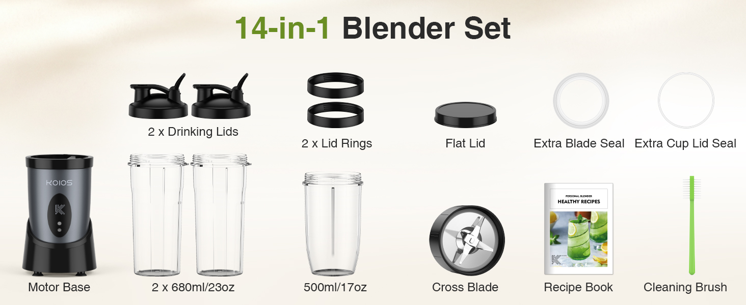 14-in-1 complete blender set with 3 cups and recipe book