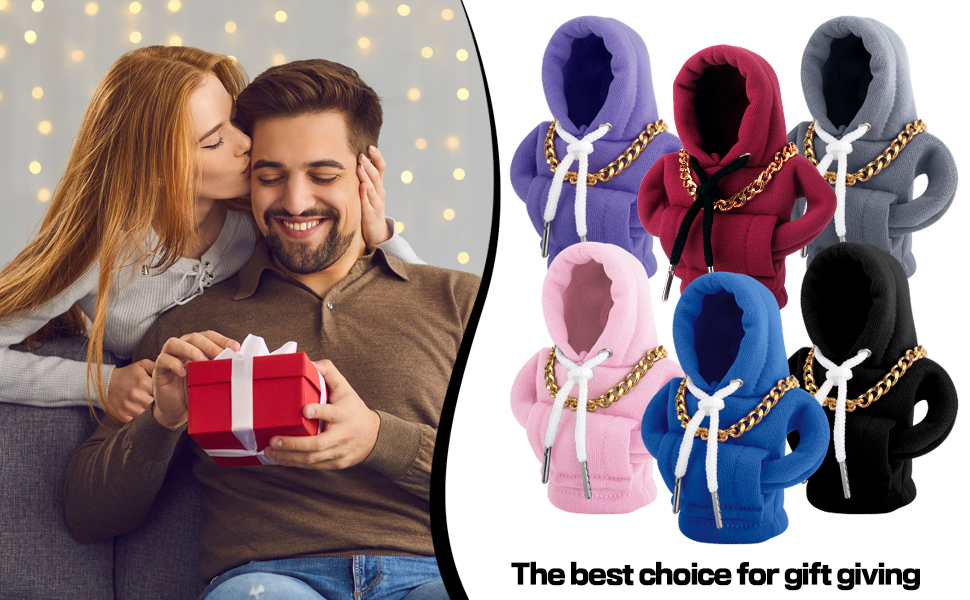 Text reads 'The best choice for gift giving'. Multiple panels showing winter hats in various colors including purple, blue, and black with pom-pom details.