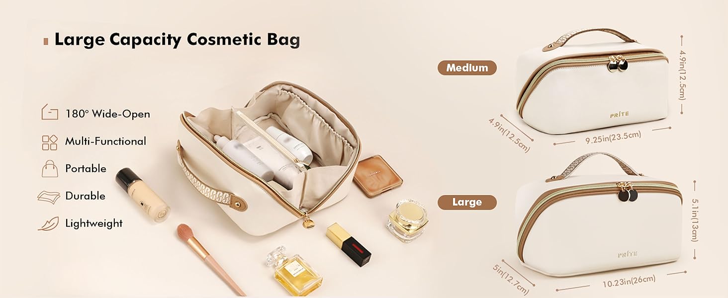 Large capacity cosmetic bag in beige with gold accents, shown open with makeup items. Features multi-functional compartments, durability, and lightweight design. Available in medium and large sizes.