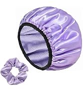 Yonchic Three-Layer Terry Cloth Lined Satin Shower Cap, with Silk Hair Ties, Microfiber Waterproo...