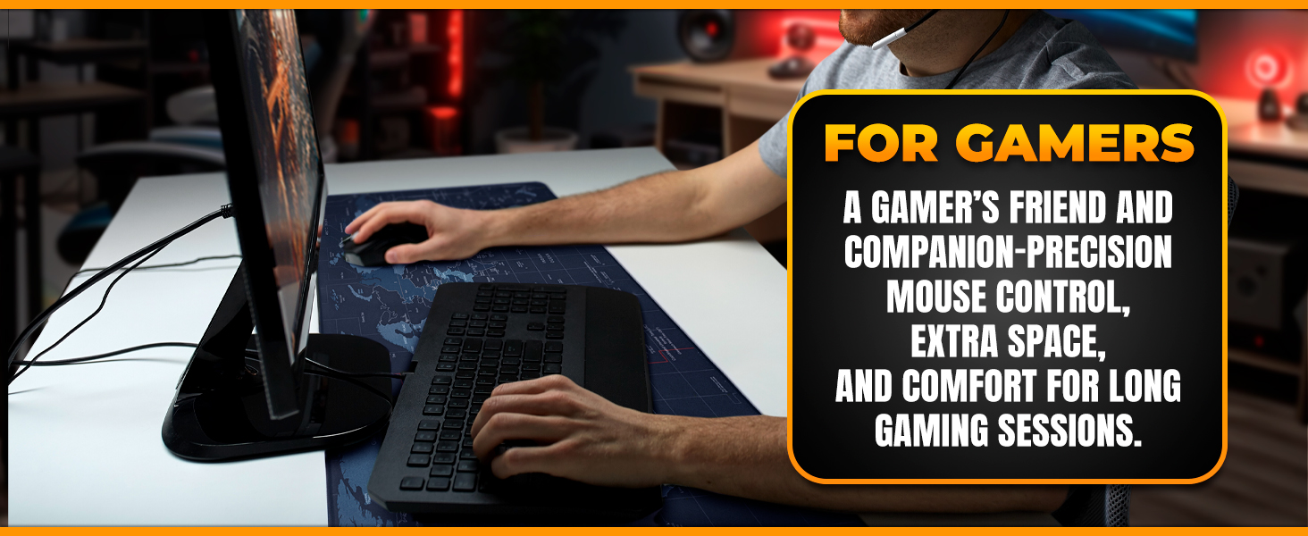 Gamer using large mouse pad with mechanical keyboard and gaming setup