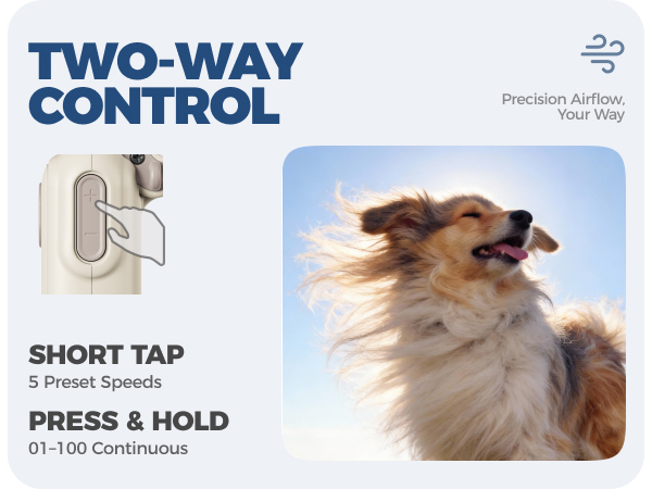 Text reads 'TWO-WAY CONTROL', 'Precision AirFlow', '5 Preset Speeds', 'PRESS & HOLD', '01-100 Continuous'. Product diagram with dog images demonstrating airflow.