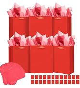 qiqee 24pcs Red Gift Bags with Tissue Paper for Wedding, Birthday, Party Supplies-7.9"x4.3"x9.6" ...