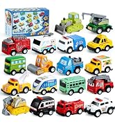 JOYIN 18 Pcs Pull Back City Cars and Trucks Toy Vehicles Set, Friction Powered Cars Toys for Todd...