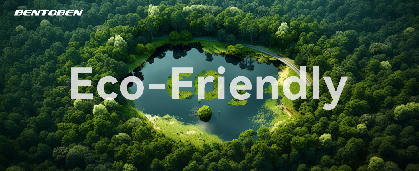 Text reads 'Eco-Friendly' overlaid on lush green forest landscape photo showing dense tree coverage and natural scenery.