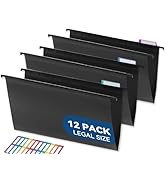 SortRax Plastic Legal Size Hanging File Folders, 12 Pack Black Hanging Folders, with Insertable 1...