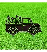 WADORN Pickup Truck Metal Decorative Garden Stakes, Black Truck Car with Flowers Outdoor Statues ...
