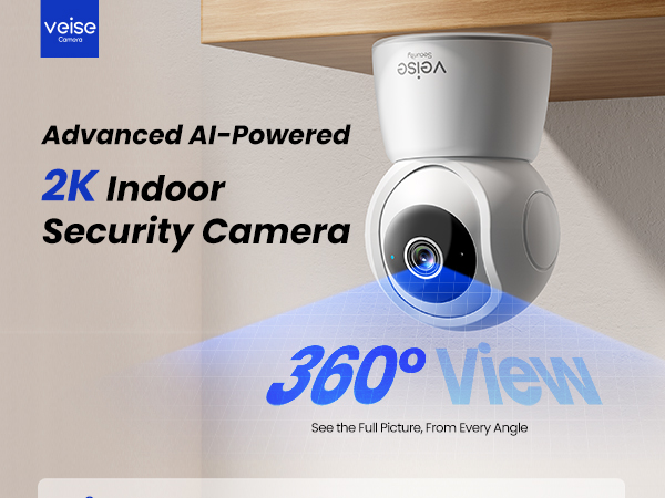 2K indoor security camera mounted on a wall with features 360° view, AI tracking, 2-way audio.