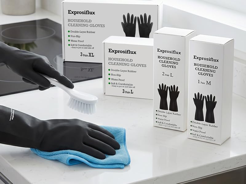 black rubber gloves cleaning gloves 3 pack waterproof household kitchen work gloves Exprosiflux