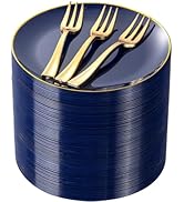Festiva 200Pcs Navy Blue Gold Dessert Plates 6.3" with Plastic Forks 5"- Small Disposable Plates-...