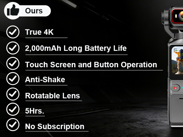 true 4K, 2000mah long battery life, anti-shake, no subscription