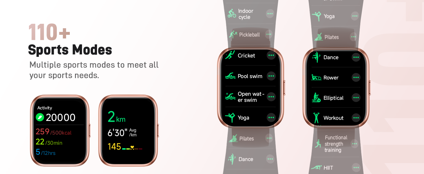Smartwatch display showing sports modes including indoor walk, cricket, and yoga. Features 110+ modes, heart rate monitoring, and step counting functionality.