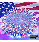 JMEXSUSS Red White & Blue Lights Clear Wire, 66 Ft 200 LED 4th of July Decorations String Lights ...
