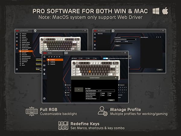 Software interface screenshot showing keyboard customization settings with RGB controls and key mapping options for Windows and Mac.