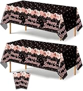 WNINK 2 Pack Black Rose Gold Happy Birthday Tablecloths, 54 x 108 Inch Disposable Waterproof Plas...