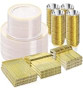BESTVIP 600PCS Plastic Dinnerware Set (100 Guests), Clear Gold Disposable Plates for Party, Weddi...