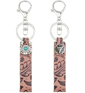 CALFOVERA 2 Styles Western Turquoise Cowhide Keychains Vintage Horseshoe Ox-head Wristlet Car Key...
