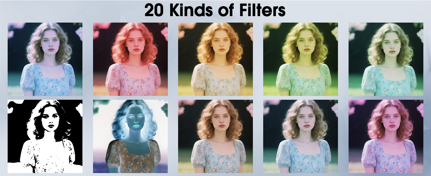 Text reads "20 kinds of Filters". Grid display showing same photo with different color filter effects applied, ranging from black and white to various color tints.
