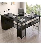 LVB Black L Shaped Desk with File Drawers, Reversible Corner Executive Computer Desk with Storage...