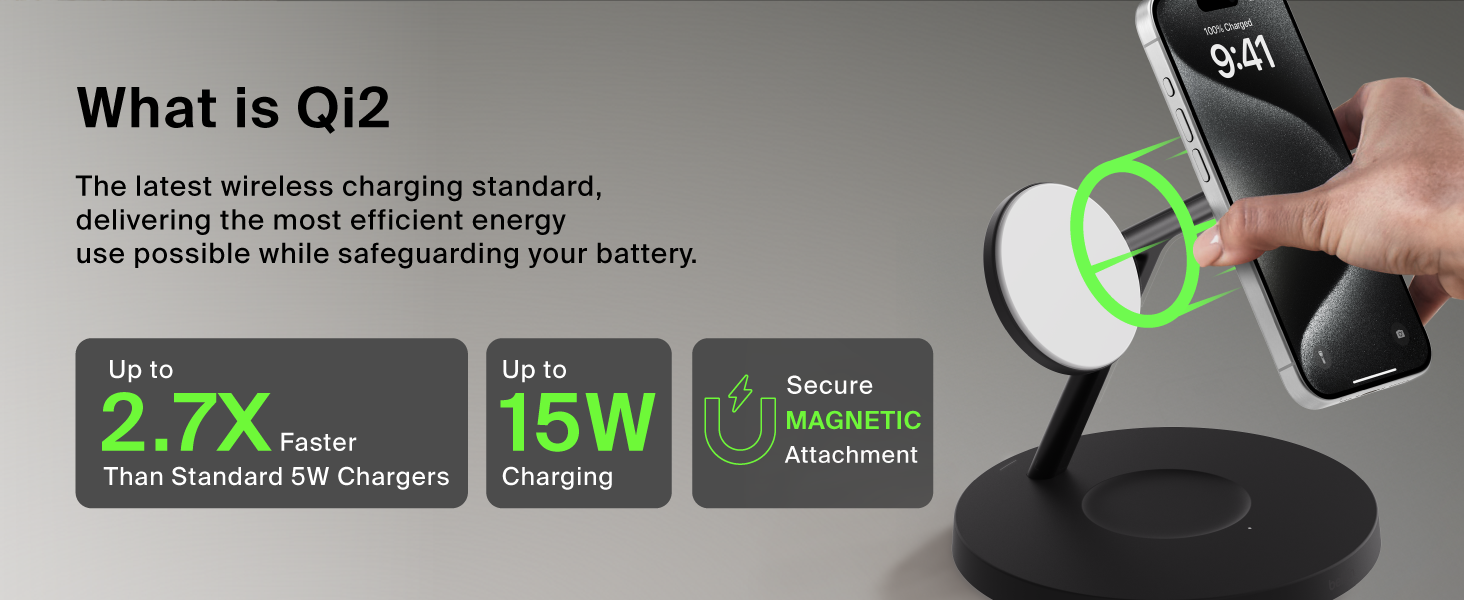 Image of person placing phone on wireless charger with text reading what is qi2.