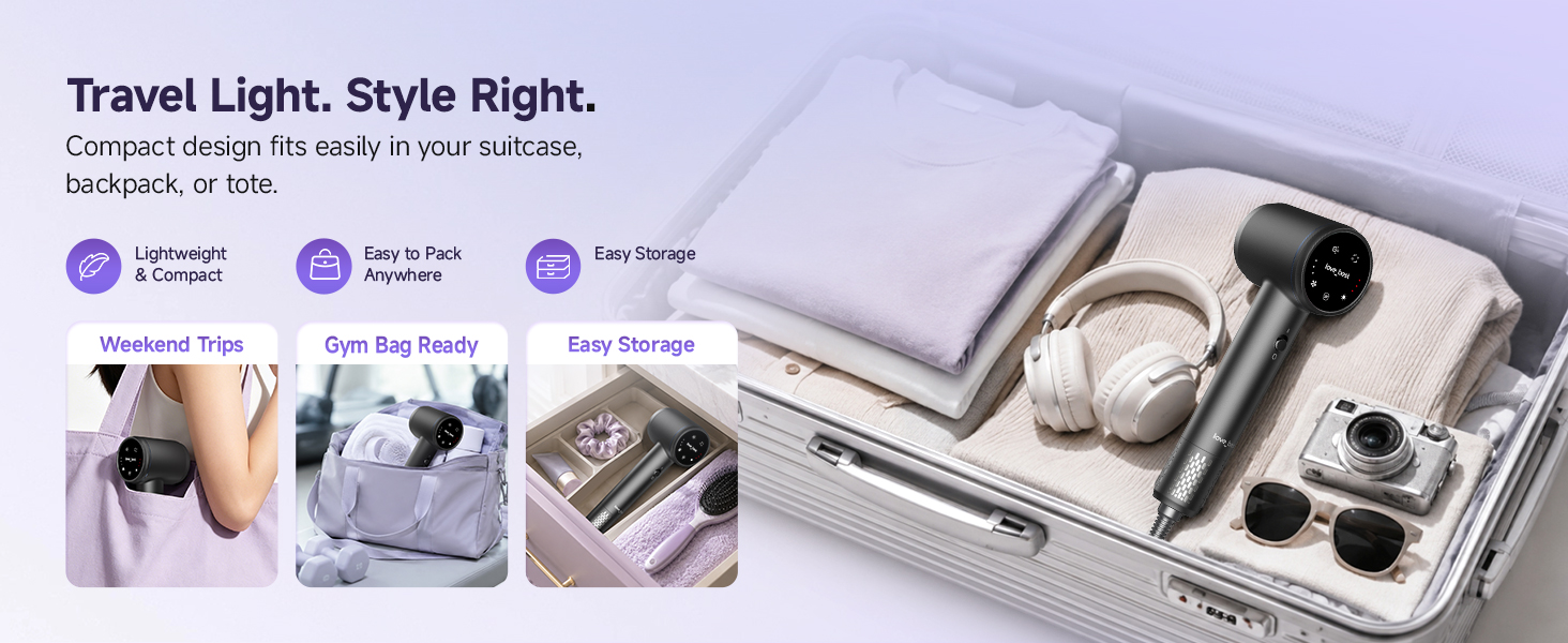 Compact hair dryer for suitcase, gym bag, and easy storage