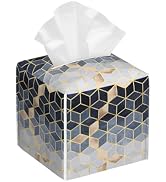 Gold Blue Geometrics Leather Tissue Holder,Square Tissue Box Cover with Bottom Belt,Modern Decora...