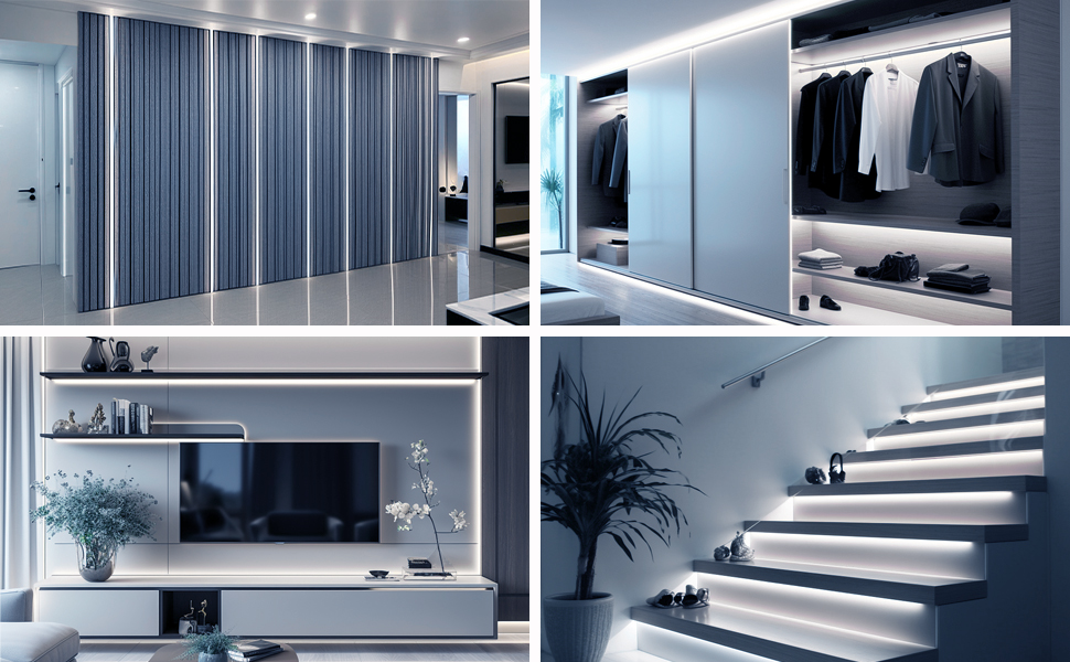 Modern interior space featuring illuminated staircase, walk-in closet with hanging clothes, and entertainment area. Sleek grey and white color scheme throughout.