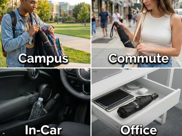 Four scenes labeled Campus Ready, Daily Commute, Car Emergency, Office Backup showing everyday use