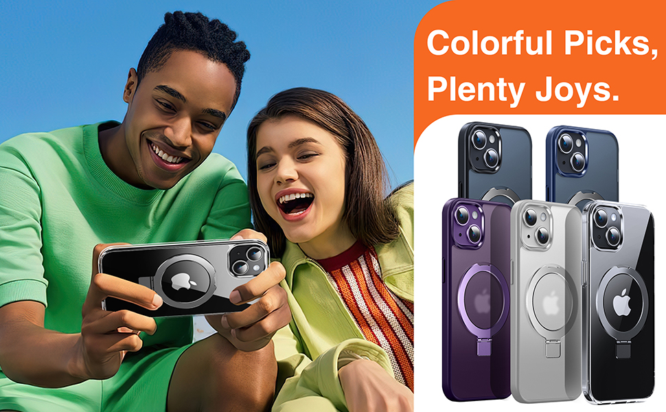 Smartphone cases in various colors including purple, blue, white, and black. Cases feature prominent camera cutouts and ring-like attachments on the back.