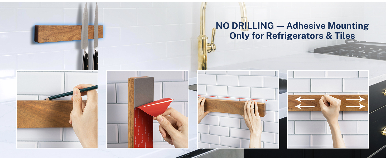 Magnetic knife holder installation options showing adhesive mount