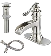 BWE Bathroom Faucet Brushed Nickel Waterfall Single Hole Matching Pop Up Drain Stopper Handle Sin...