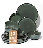 Pokini Ceramic Plates and Bowls Set, Everyday Dinnerware Set for 4, Wavy Rim Kitchen Dish Set, Ch...