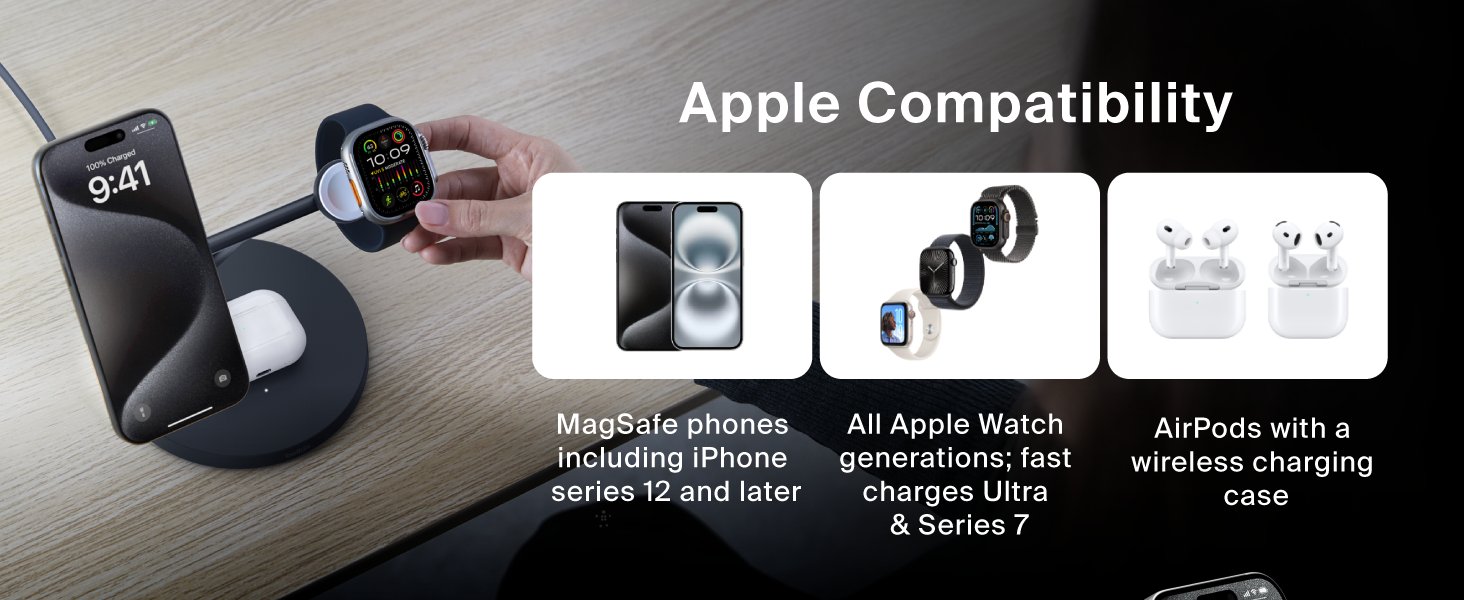 Image of magsafe charger on table with text reading apple compatibility.