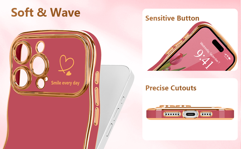 Pink and gold phone case with camera cutouts, featuring 'Soft & Wave' design and labeled features including 'Sensitive Button' and 'Precise Cutouts'.