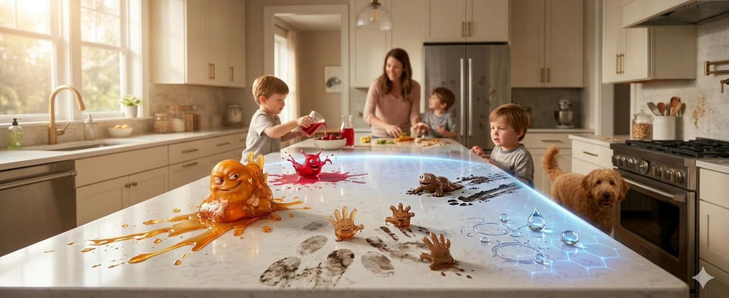 Family in kitchen, countertop shown with different characters representing different types of messes