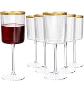 Ciaell 12 Pack Plastic Ribbed Wine Glasses - 10Oz Gold Disposable Wine Glasses with Stem - Dispos...