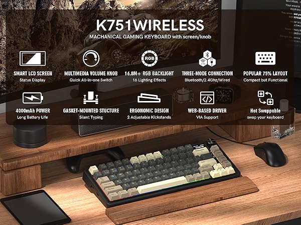 redragon 75% wireless mechanical gaming bluetooth keyboard with screen and knob