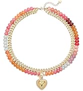 GINAZL Natural Stone Beaded Layered Necklaces for Women, 14K Gold Plated Heart Pendant,Chunky Col...