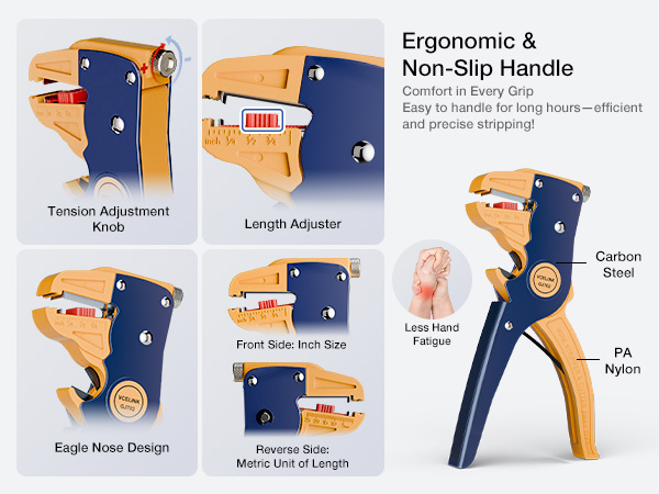 The handle is non-slip, comfortable to the touch, and ergonomically designed