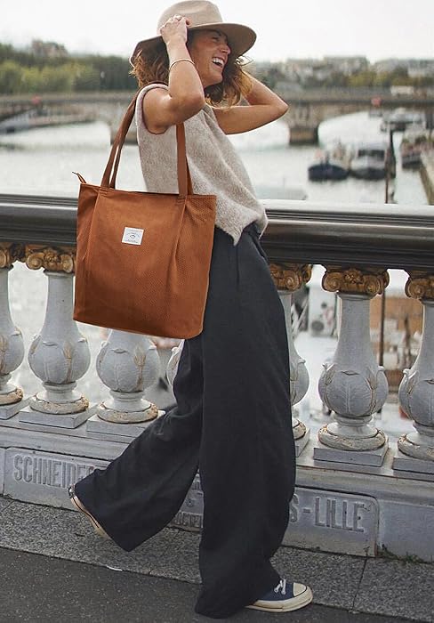 tote corduroy bag with zipper