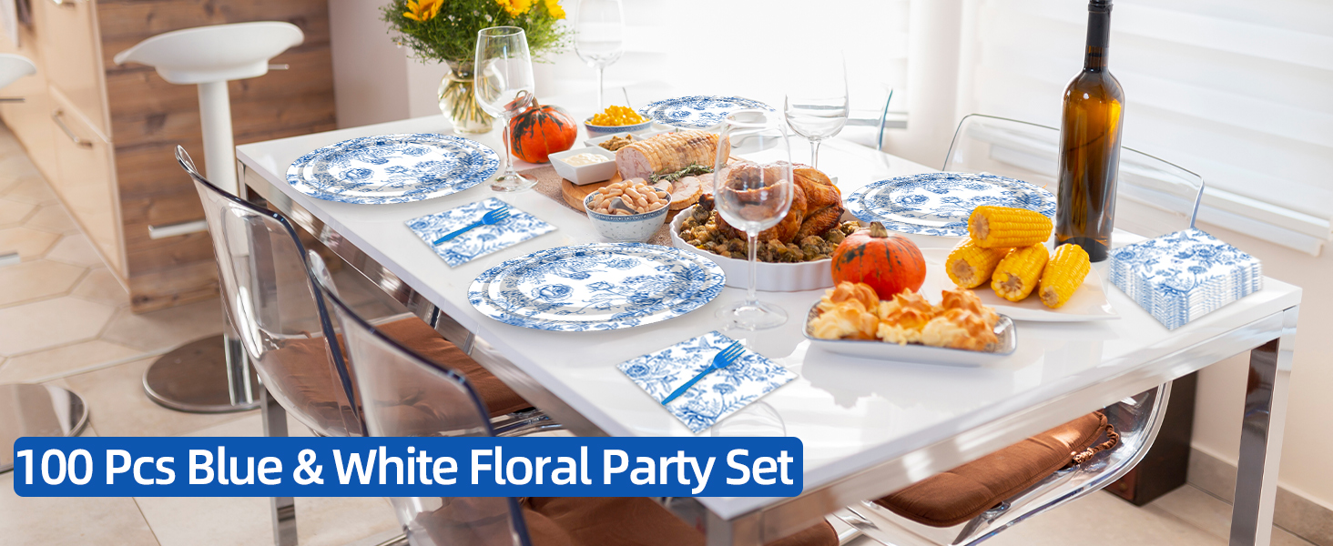 100 Pcs Blue and White Floral Tableware Party Supplies Set