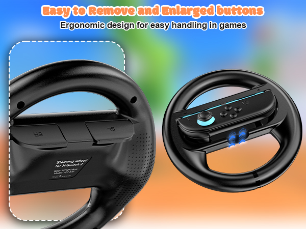 Two black steering wheel attachments for gaming controllers. One shows a grip handle, the other a circular wheel with integrated controller. Text highlights easy removal and ergonomic design.