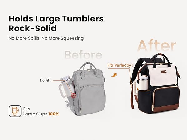 Oversized water bottles fit perfectly in this backpack unlike smaller regular bags