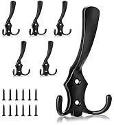 POZEAN Coat Hooks Wall Mounted Heavy Duty Double Coat Hook, 6 Pack Large Metal Black Coat Hooks w...