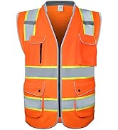 amoolo Safety Vest with 9 Pockets, Zipper and Padded Neck, High Visibility Reflective Vest, ANSI/...
