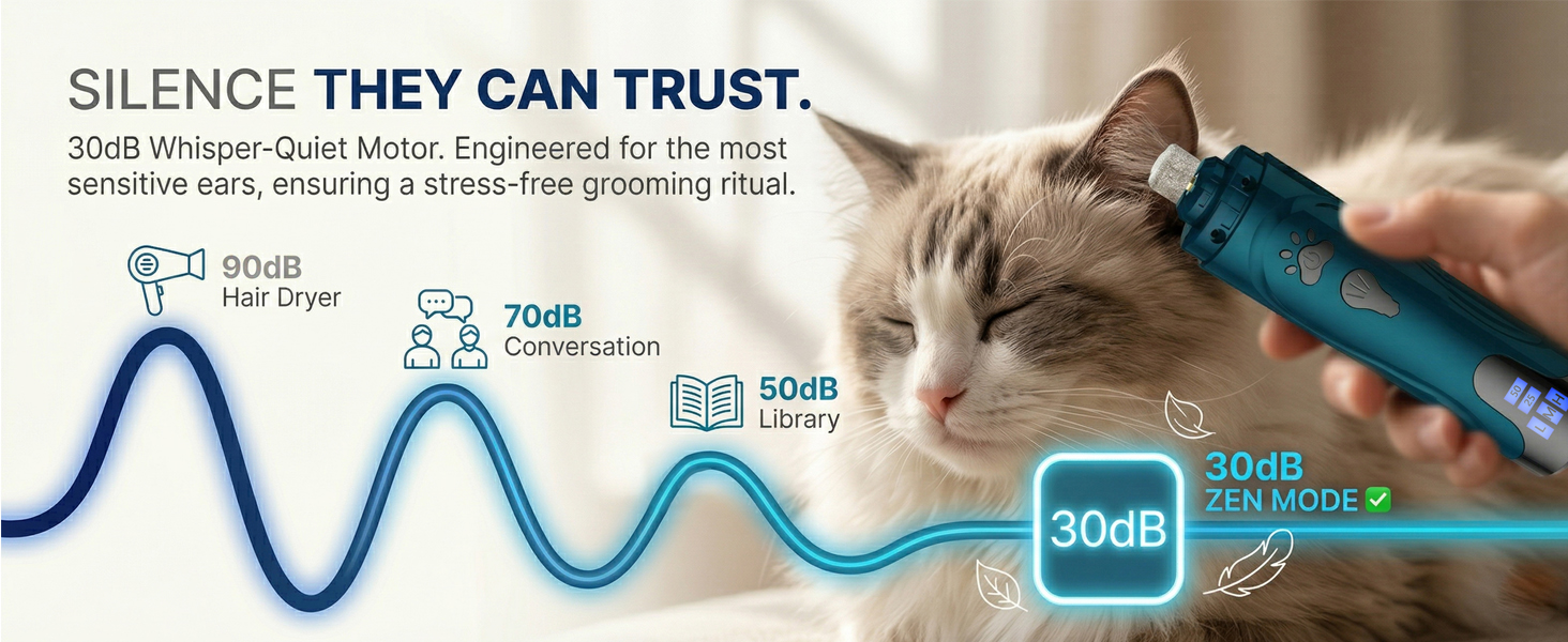 Cat staying calm beside YABIFE nail grinder with 30dB quiet motor comparison graphic
