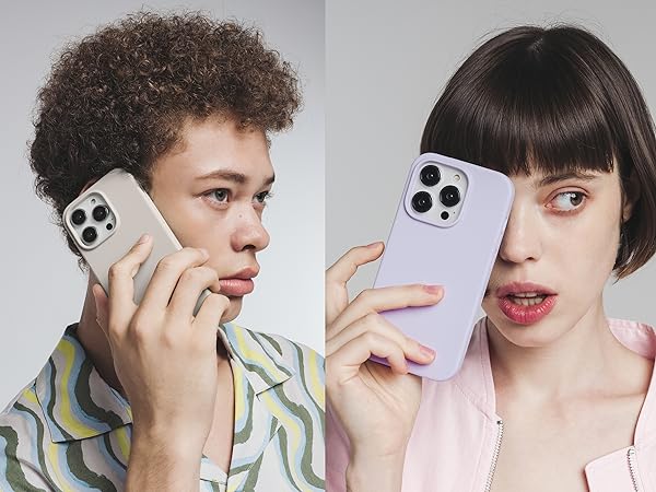 Two people holding smartphones with multi-lens camera systems. Devices appear to be recent model smartphones in light color.