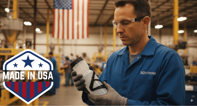 U.S. factory line molding clear 22 oz bottles and black bike cages with technician inspecting parts.