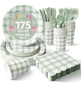 Vyntra Sage Green Gingham 175-Piece Disposable Dinnerware Set for 25, 9" Dinner & 7" Dessert Pape...