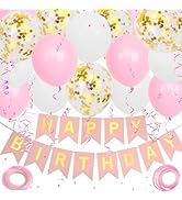 Happy Birthday Banner, Pink Birthday Decoration, 16 pcs 12 inch Happy Birthday Balloons with 2 Ri...